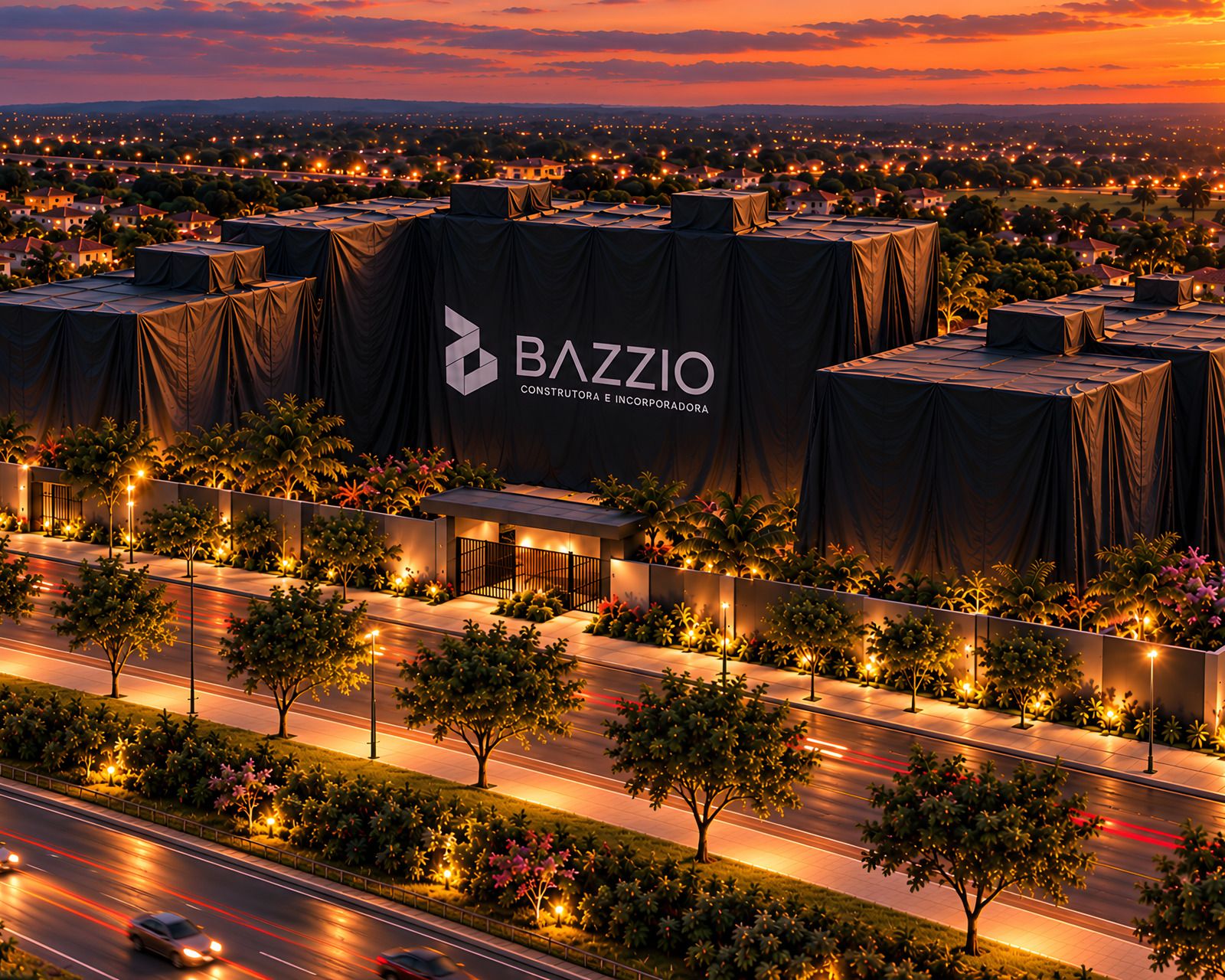 Ilustração do novo condomínio da Bazzio em Brotas ainda coberto por um pano escuro com o logo da Bazzio, ao entardecer