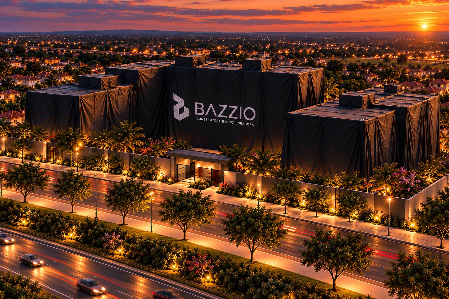Ilustração do novo condomínio da Bazzio em Brotas ainda coberto por um pano escuro com o logo da Bazzio, ao entardecer