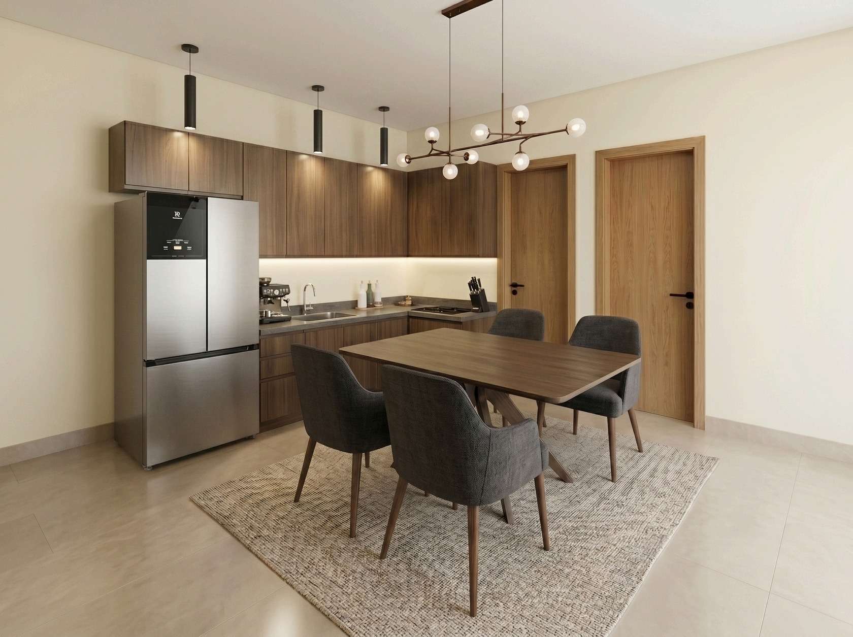 Cozinha integrada com mesa de jantar em casa do Residencial Florença