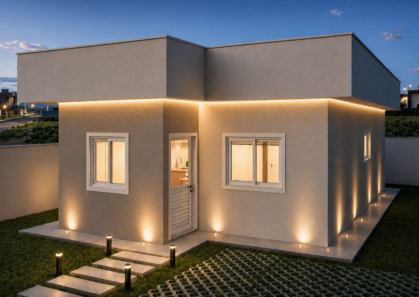 Fachada da casa de 40,81 m² do Jardim Campos Prado com telhado embutido, ao anoitecer