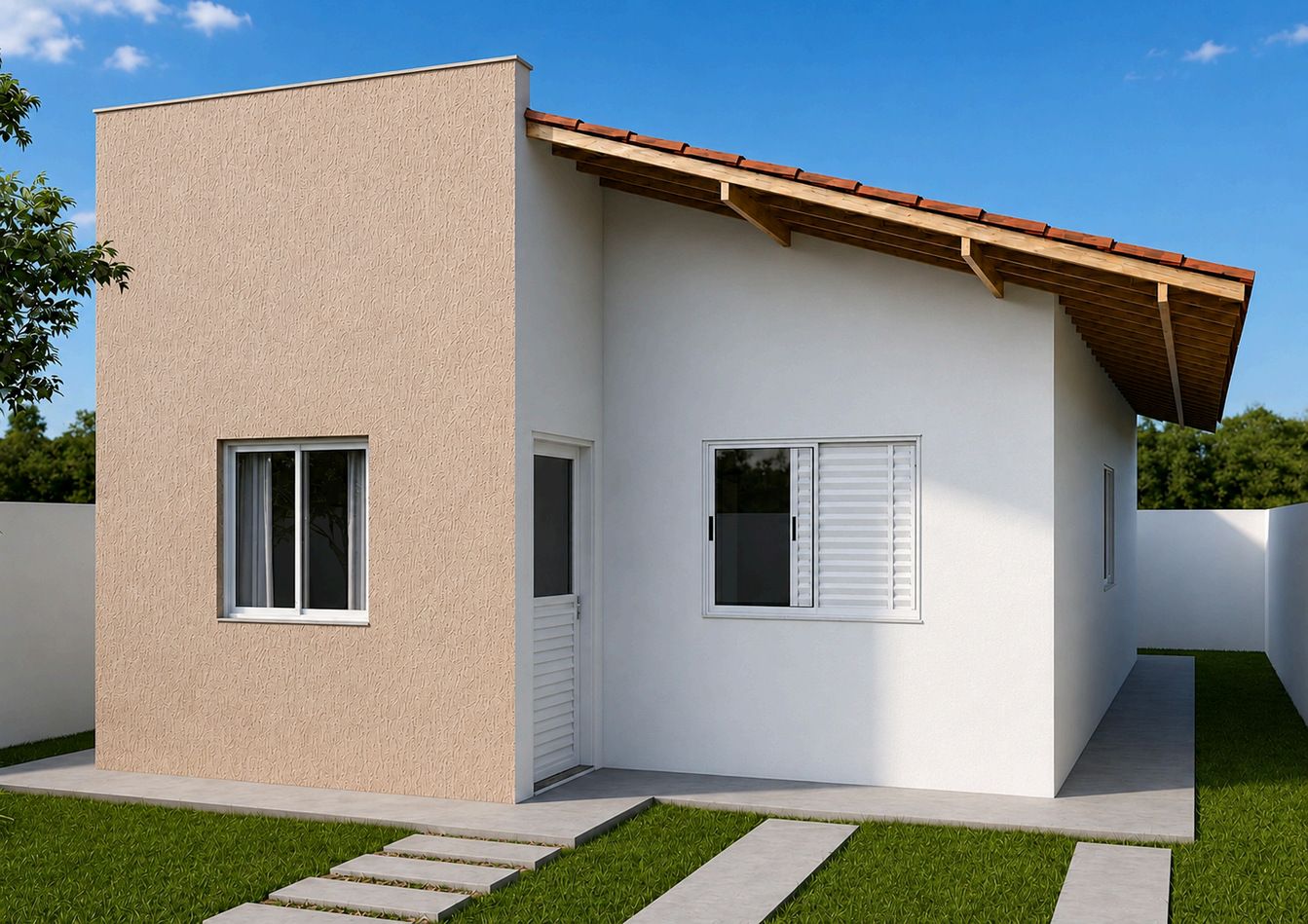 Fachada da casa de 40 m² do Santa Helena II, com telhado colonial