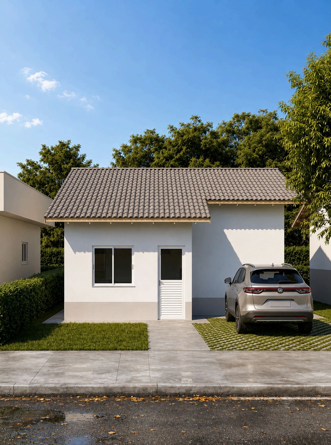 Fachada da casa de 40,81 m² do Jardim Campos Prado, com telhado colonial