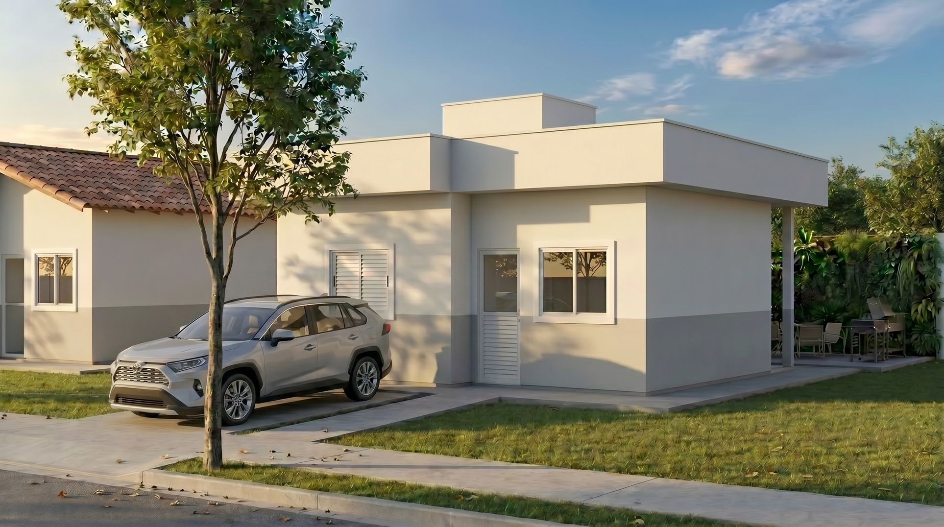 Fachada da casa de 48 m² do Residencial Lourenção II com telhado embutido