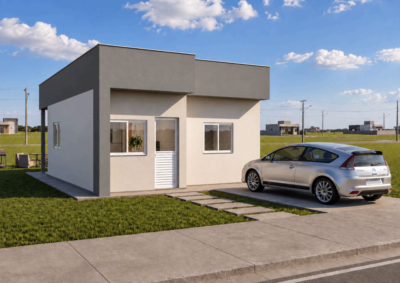 Fachada da casa de 50 m² do Santa Helena II, com telhado embutido