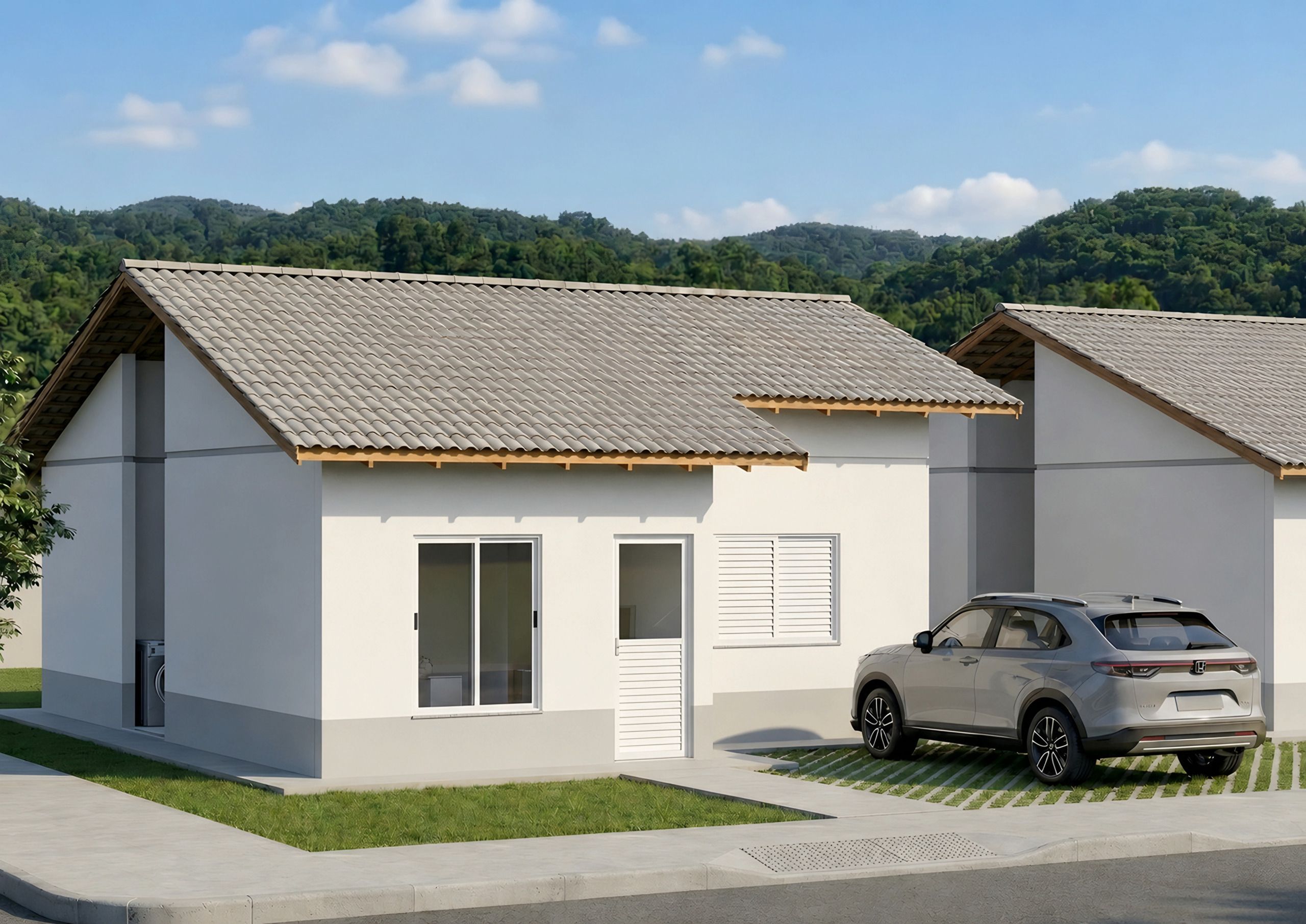 Fachada da casa de 70 m² do Residencial Lourenção II, com telhado colonial