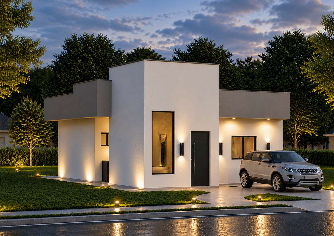 Casa da Planta 01 do Residencial Florença, em Jaú, ao anoitecer