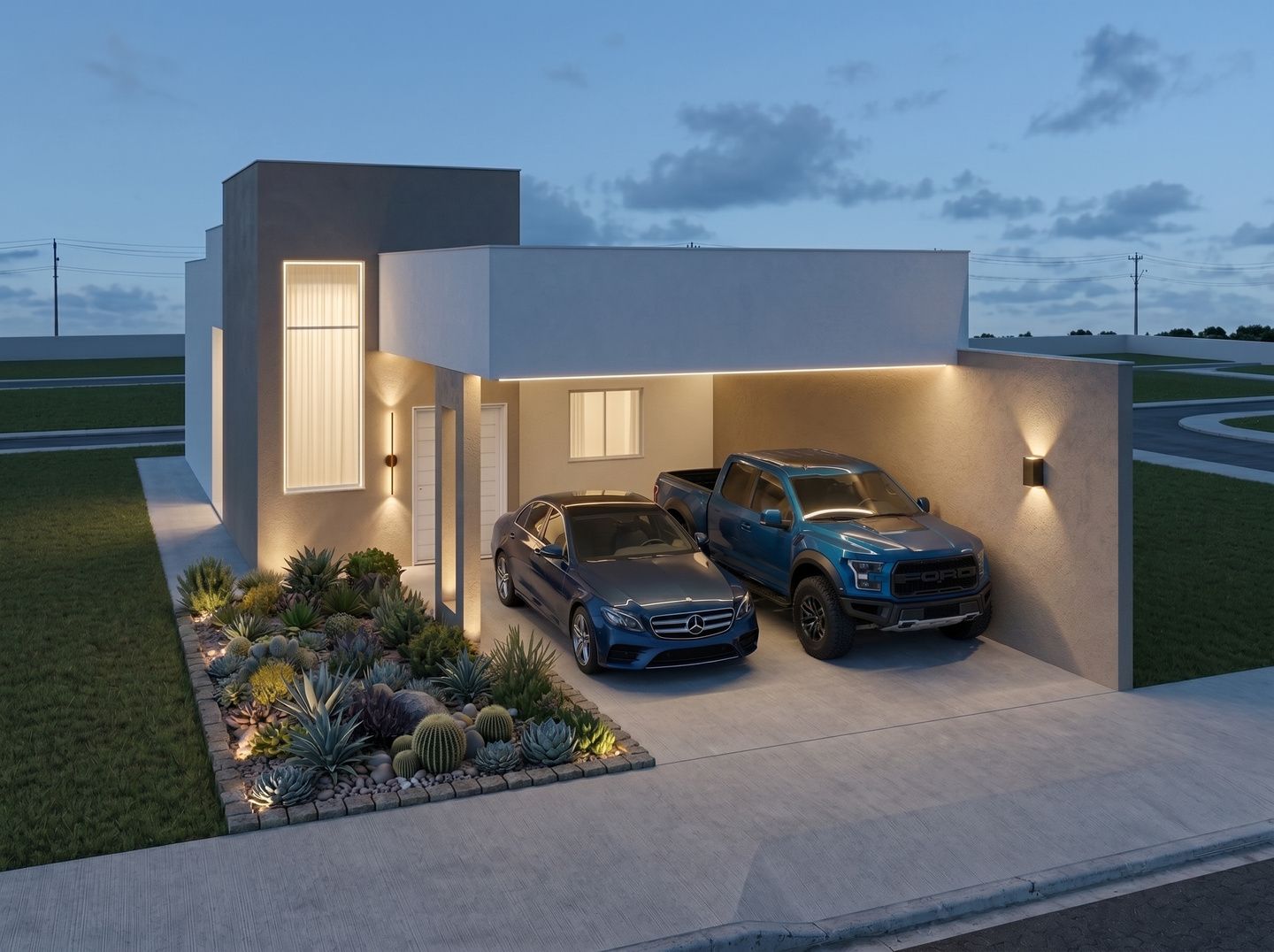 Fachada da Planta 02 do Residencial Florença ao anoitecer, com garagem para dois carros