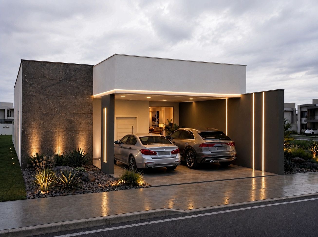 Casa térrea da Planta 03 do Residencial Florença, com garagem coberta e luzes acesas