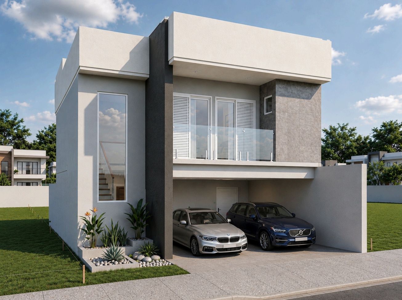 Fachada do sobrado da Planta 04 do Residencial Florença, com varanda de vidro