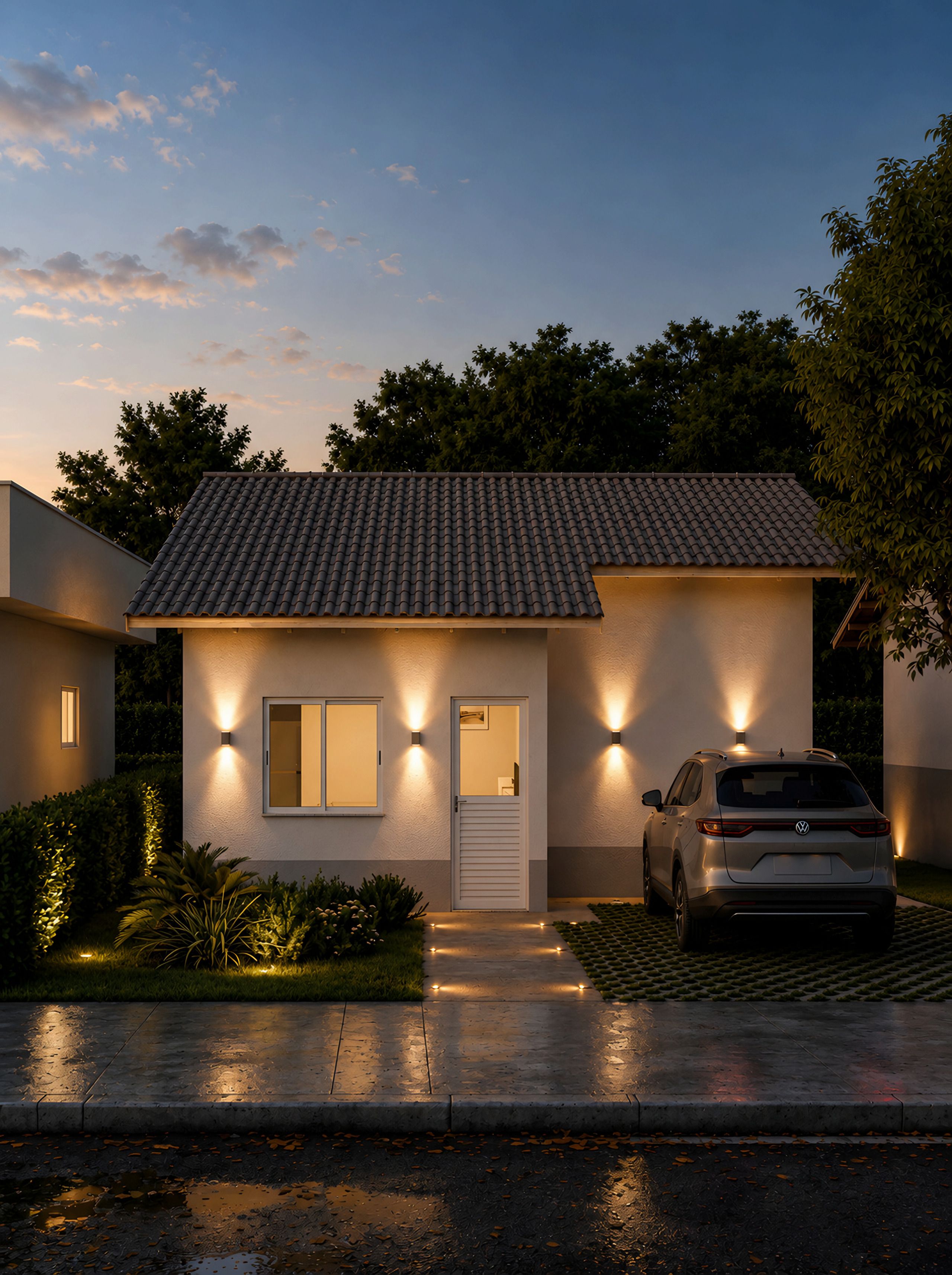 Casa de 40,81 m² do Jardim Campos Prado ao anoitecer