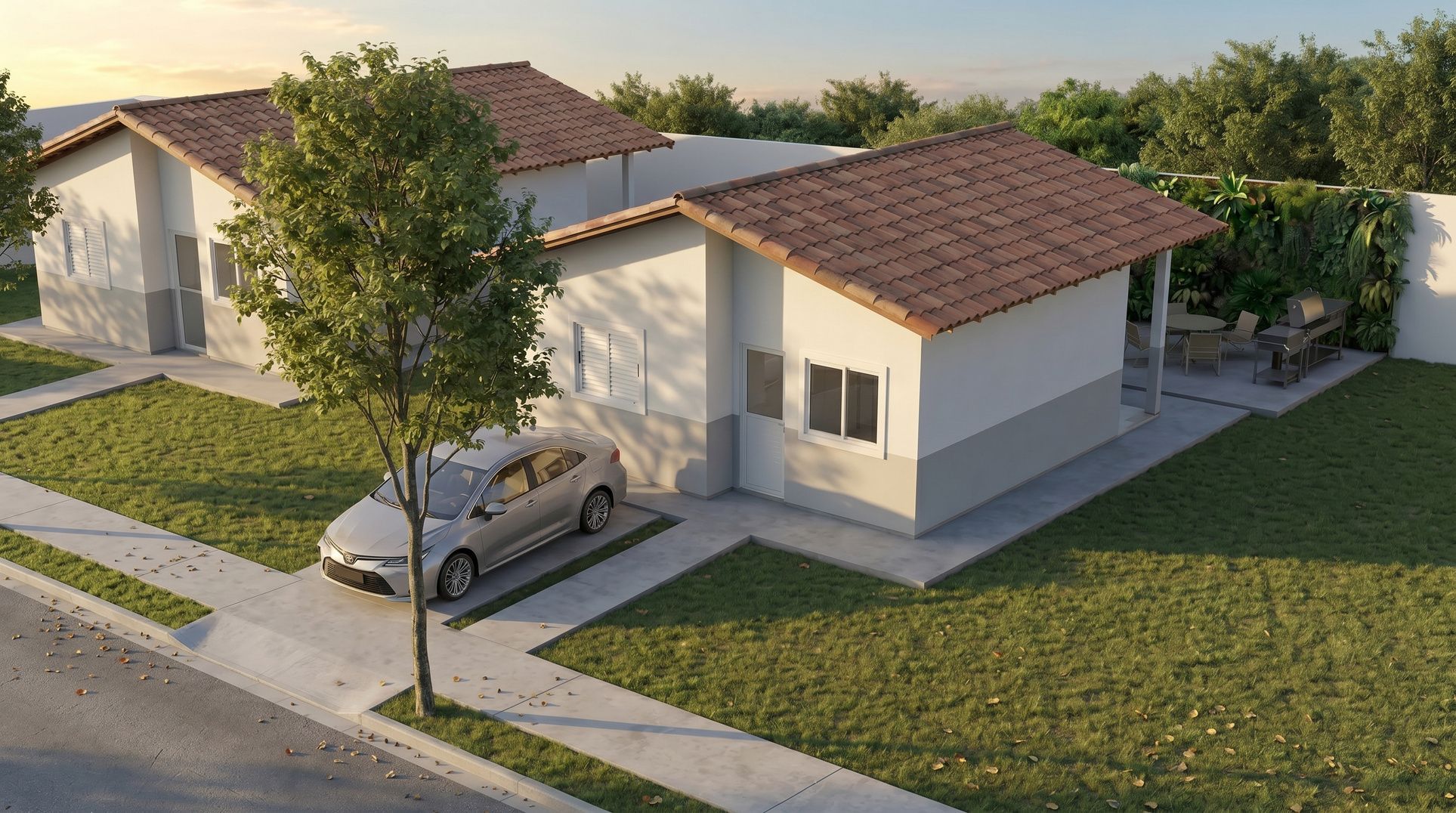 Fachada da casa de 48 m² do Residencial Lourenção II com telhado colonial