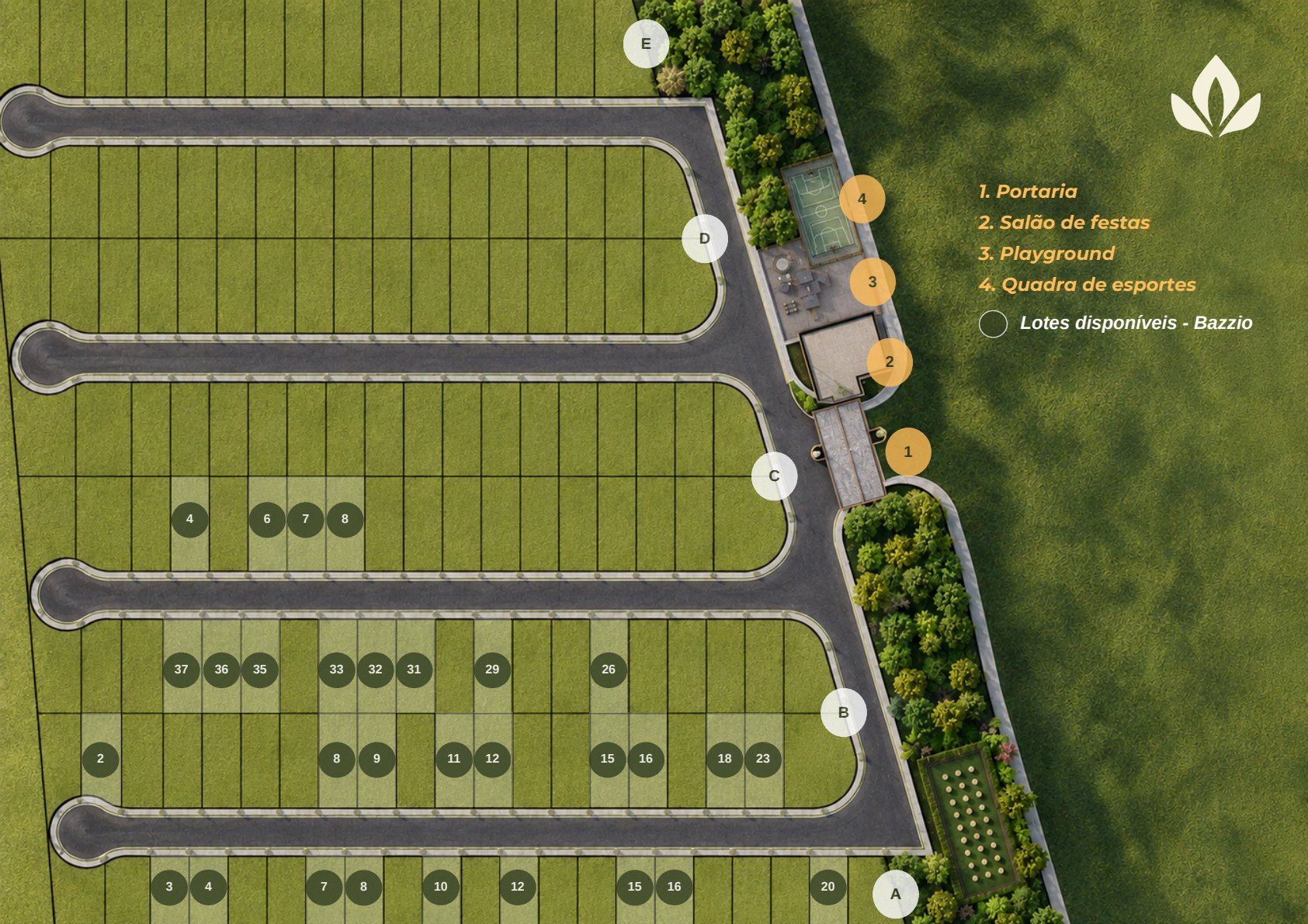 Implantação ilustrada do Residencial Florença, com a portaria, o salão de festas, o playground e a quadra esportiva