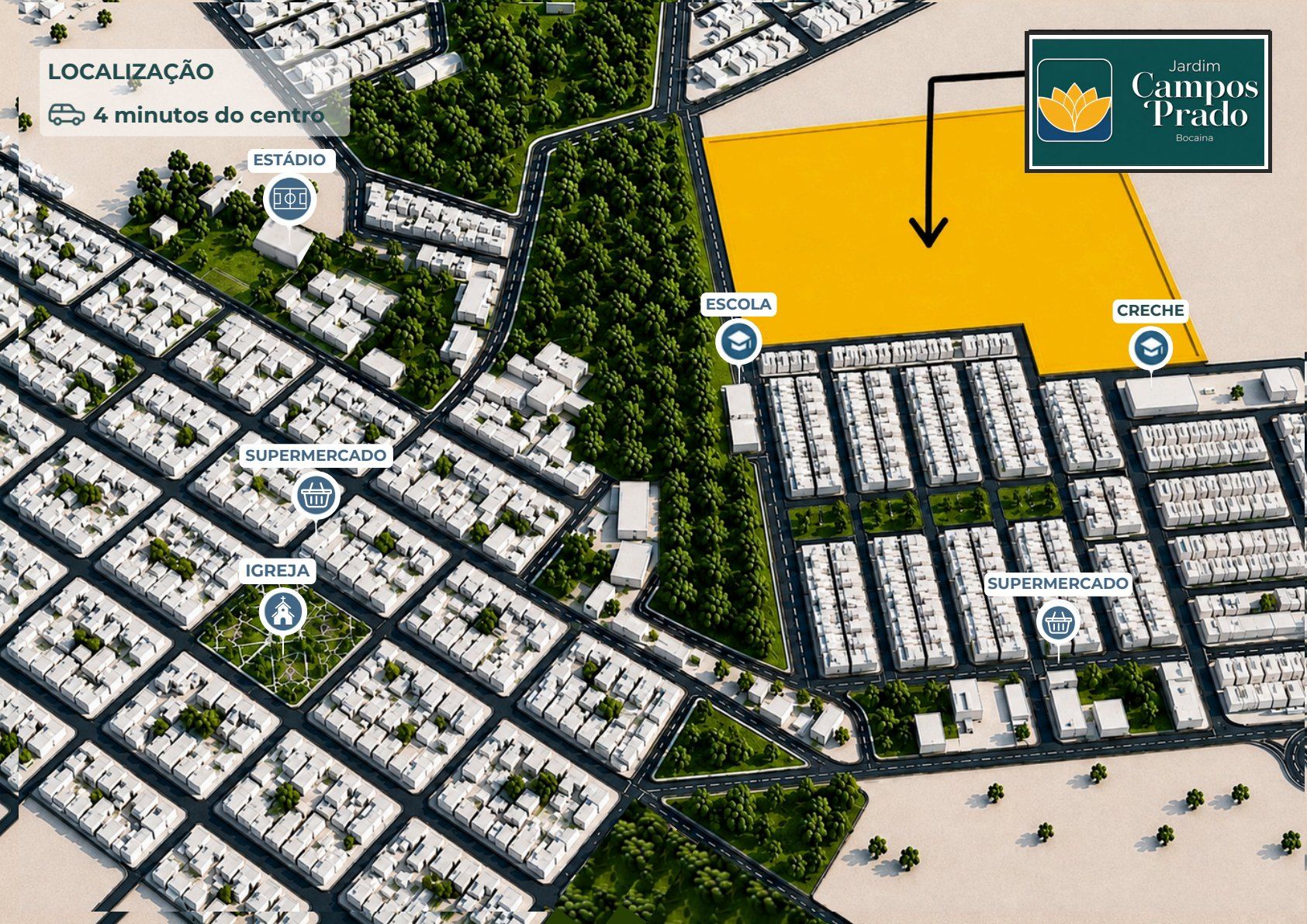 Mapa ilustrado de Bocaina com a área do Jardim Campos Prado e os pontos próximos, como escola, creche e estádio
