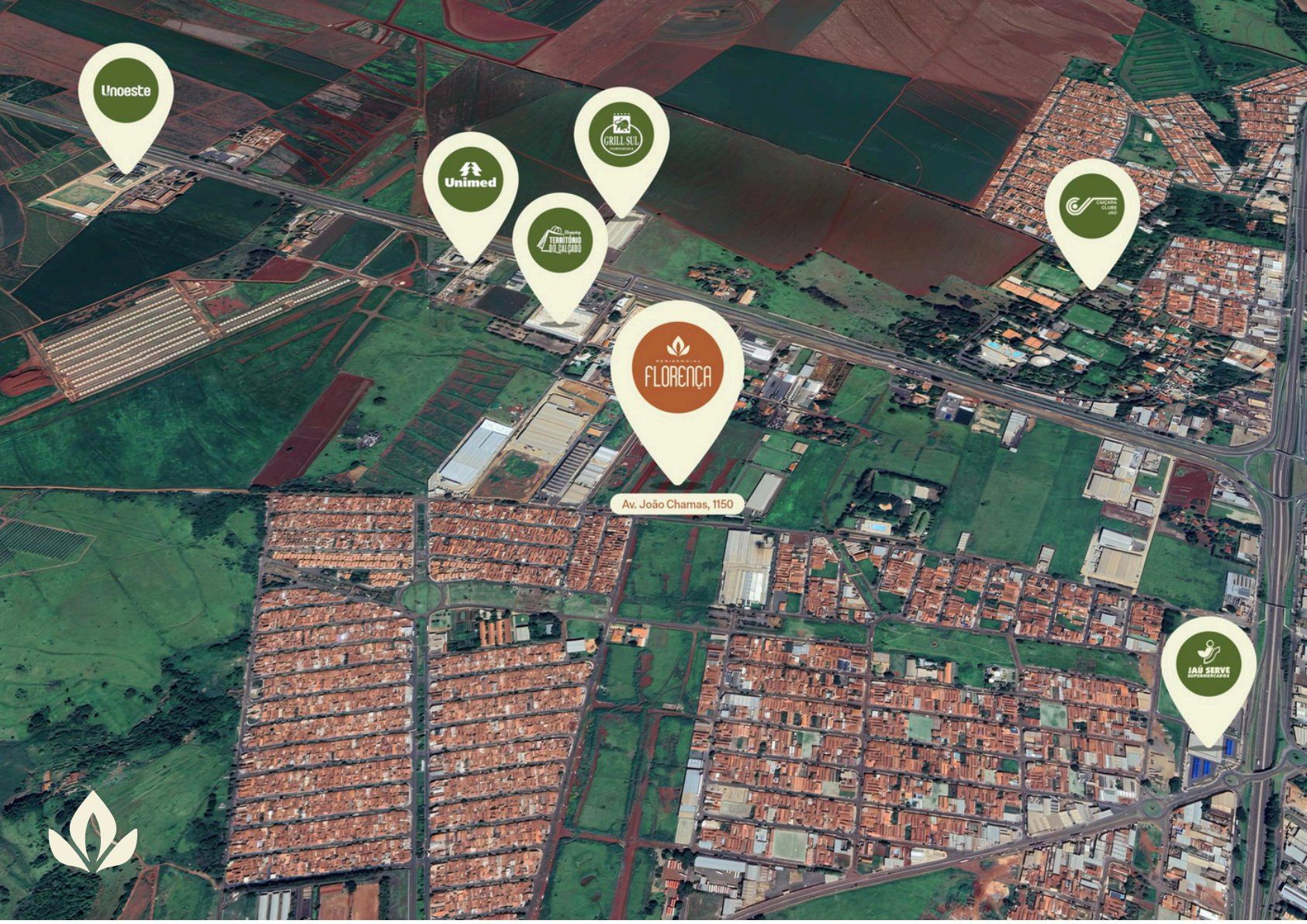 Mapa de satélite do entorno do Residencial Florença, com marcações da Unoeste, da Unimed e do Shopping Território do Calçado