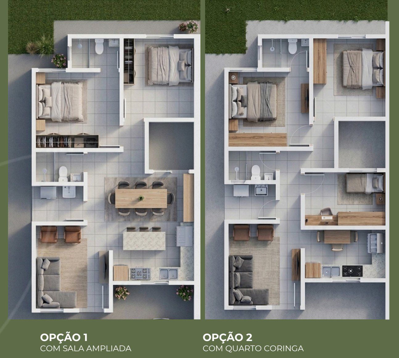 Planta baixa da Planta 01, 70 m², em duas opções (sala ampliada e quarto coringa)