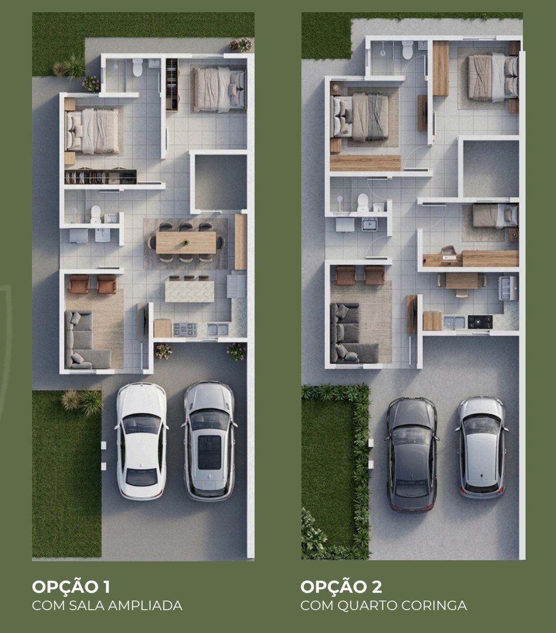 Planta baixa da Planta 02 do Residencial Florença, em duas opções (sala ampliada e quarto coringa)