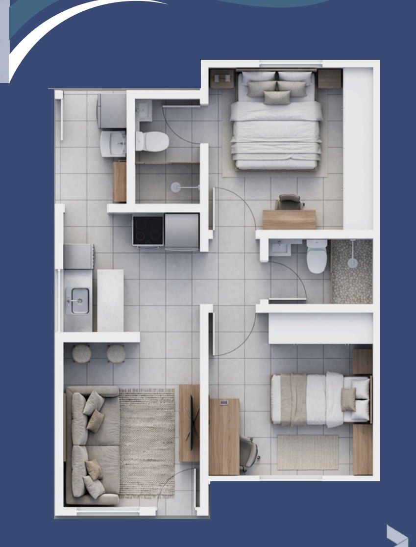 Planta baixa da Planta 02 do Santa Helena II, 50 m², com suíte e quarto