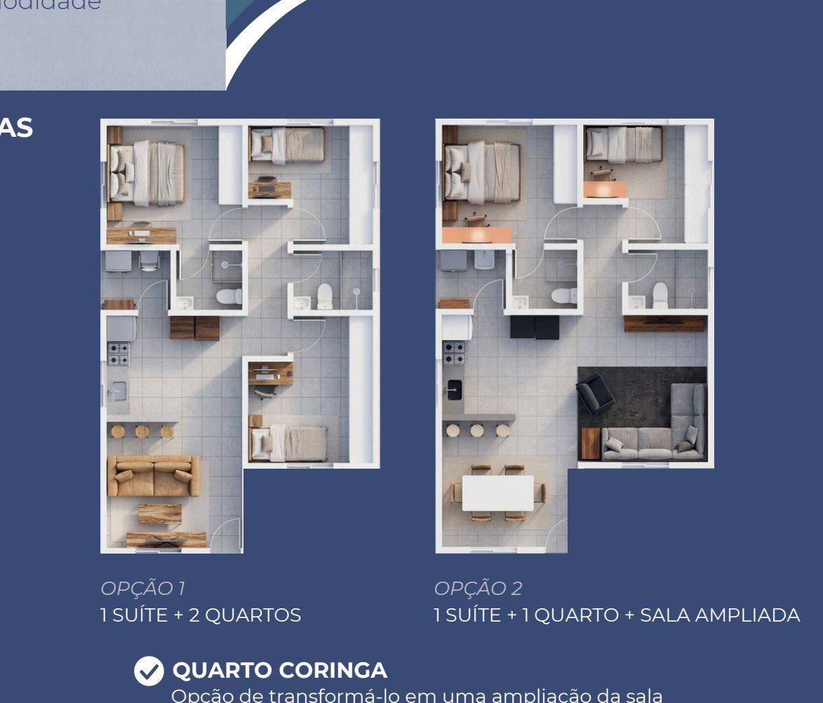 Plantas baixas da Planta 03 do Santa Helena II, 70 m², nas opções suíte + 2 quartos e suíte + quarto + sala ampliada