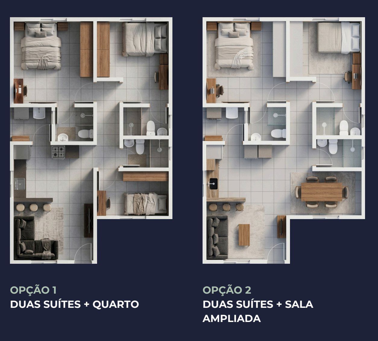 Plantas baixas da casa de 70 m² do Residencial Lourenção II, nas opções duas suítes + quarto e duas suítes + sala ampliada