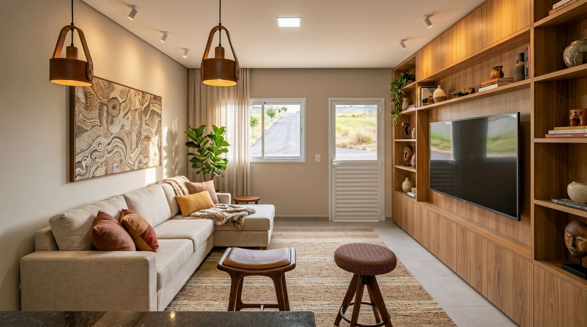 Sala de estar iluminada de uma casa térrea