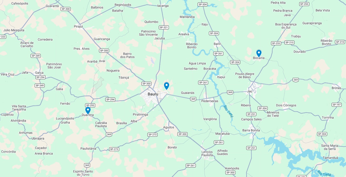 Mapa do estado de São Paulo com as regiões de atuação da Bazzio Construções