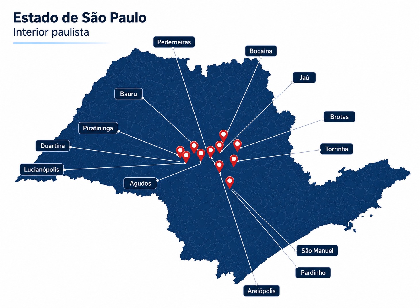 Mapa do estado de São Paulo com as regiões de atuação da Bazzio Construtora e Incorporadora