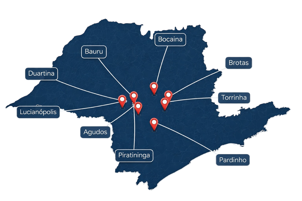 Mapa do estado de São Paulo com as regiões de atuação da Bazzio Construções