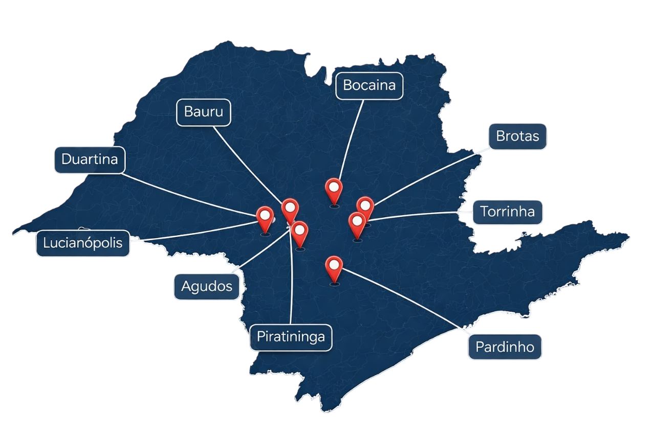 Mapa do estado de São Paulo com as regiões de atuação da Bazzio Construtora e Incorporadora